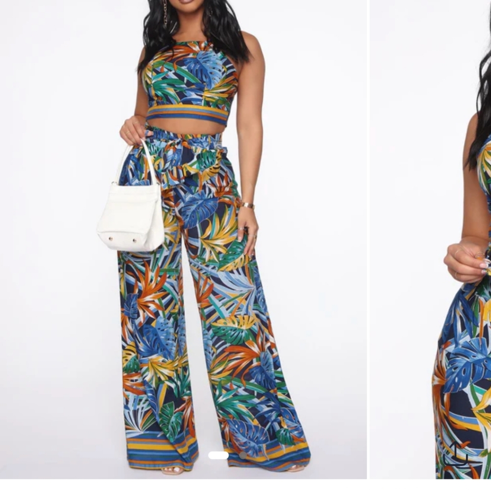 Fashion Nova Blue and Green Wide Leg Jumpsuit